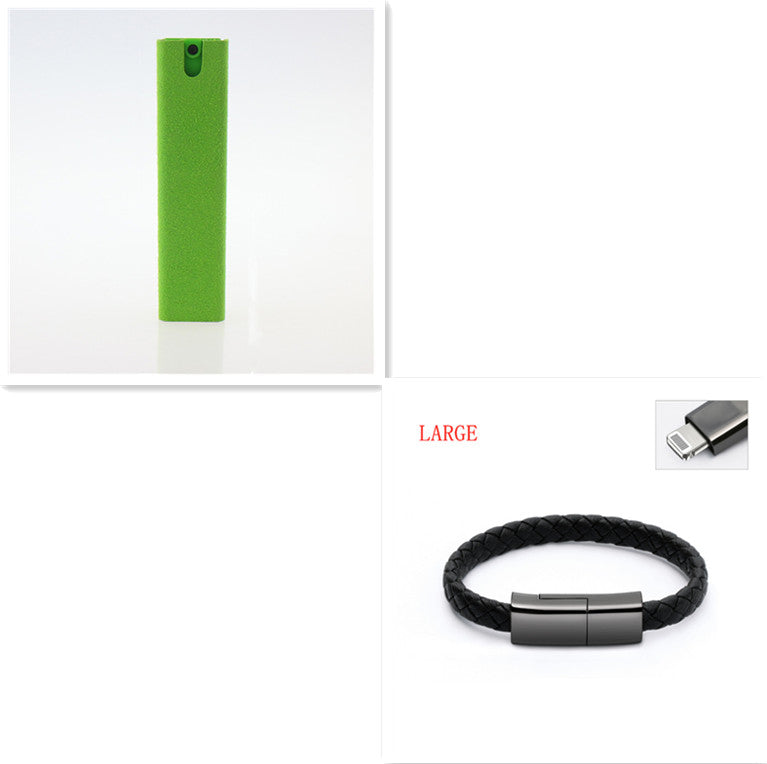 Green microfiber screen cleaner cylinder with braided strap and metal clasp
