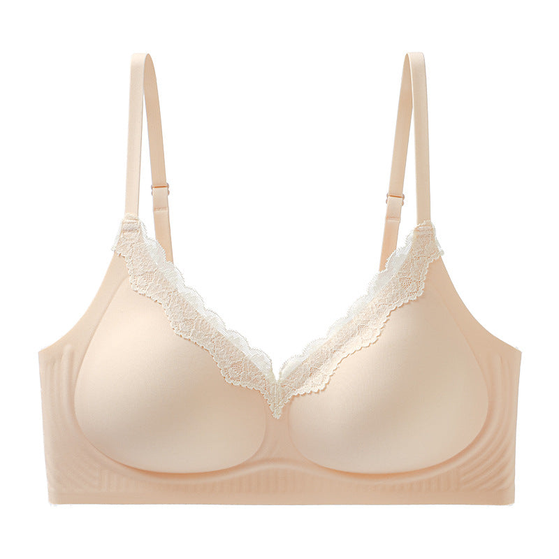 V-neck lace seamless bra, cream-beige flat lay with white lace V-neck trim and straps