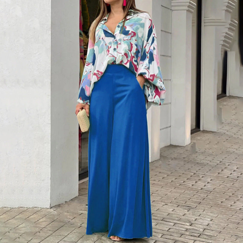 Printed shirt top and wide-leg pants set, white multicolor print, blue wide-leg pants