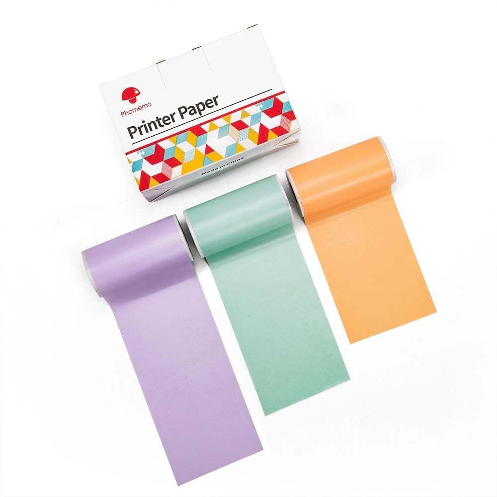 Color thermal label paper rolls: purple, mint green, and orange