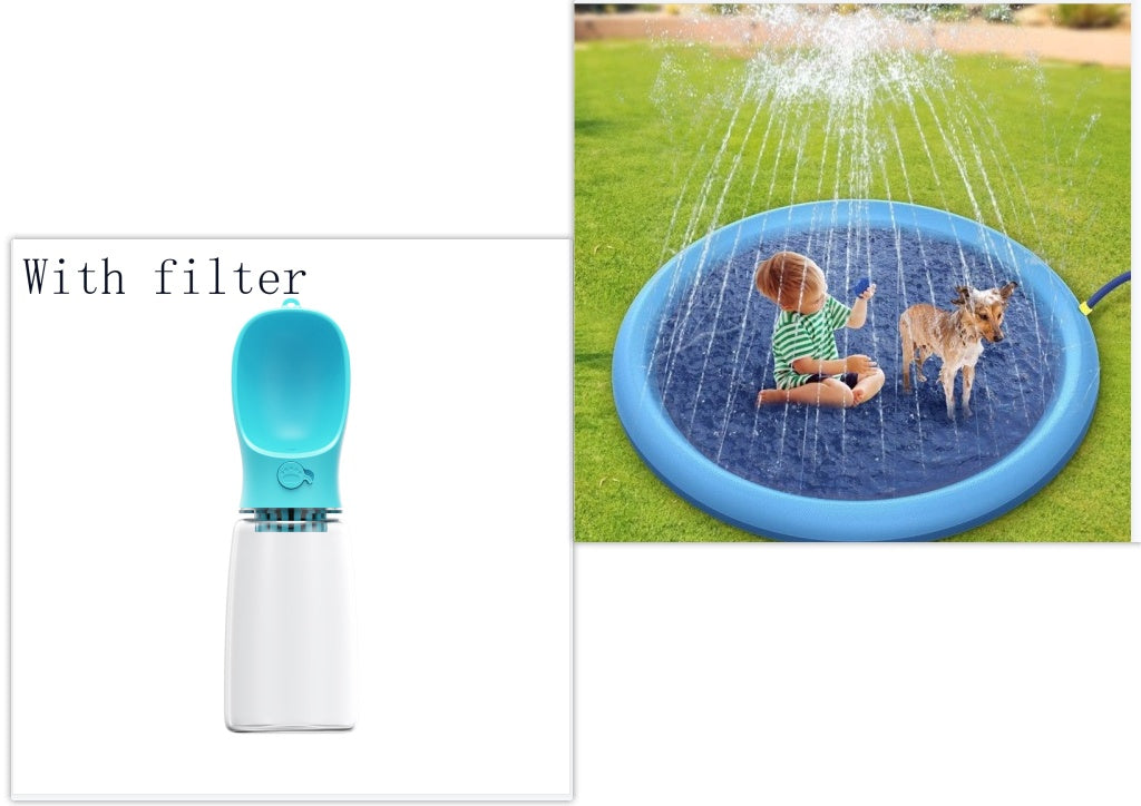 Blue inflatable splash pad with sprinkler jets and included water filter bottle