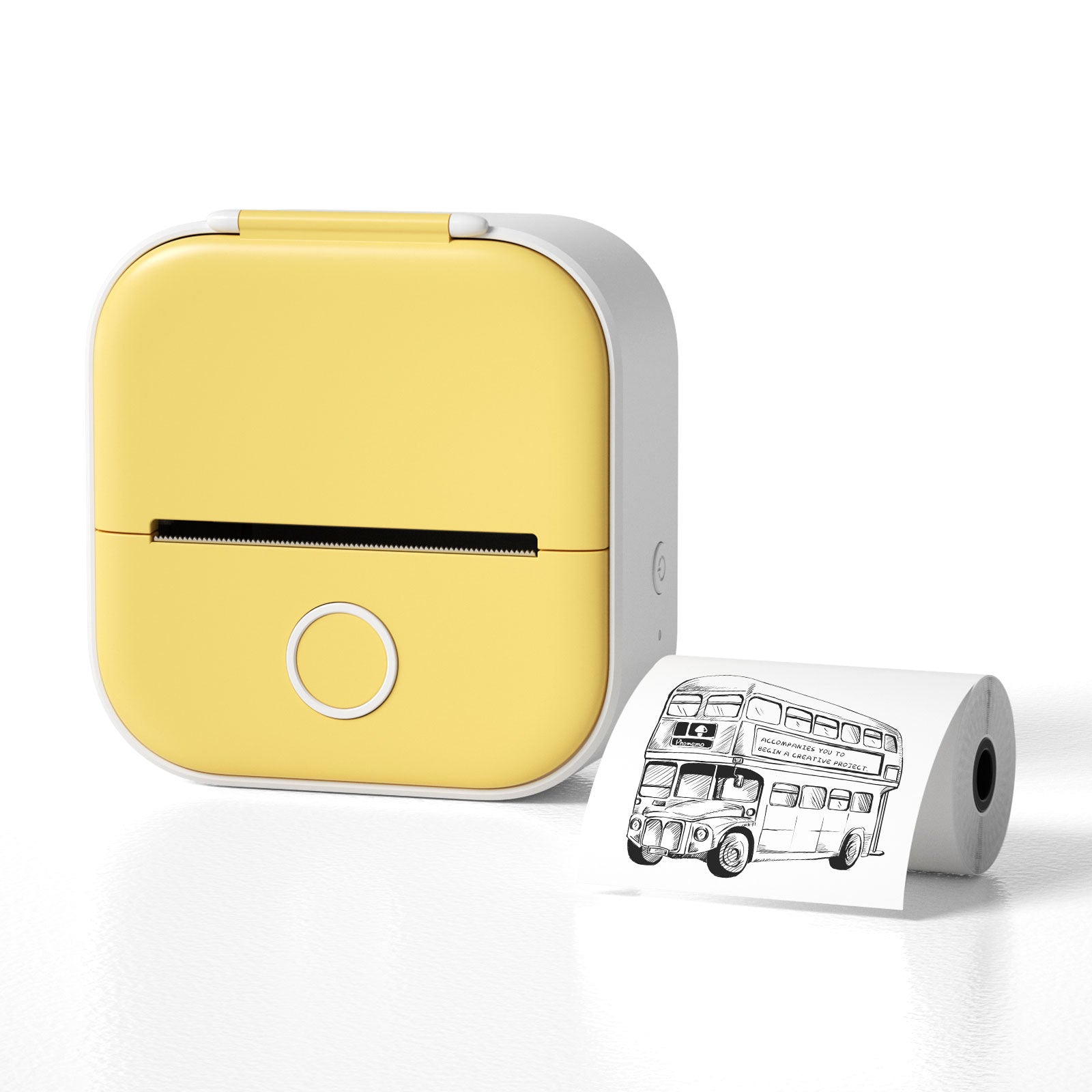 Yellow portable mini thermal label printer with white label strip and paper roll