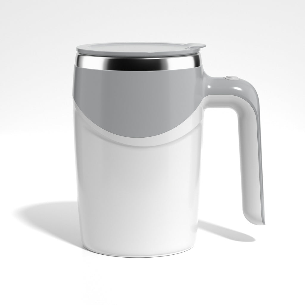 White electric stirring cup with lid and handle, front view on a plain background