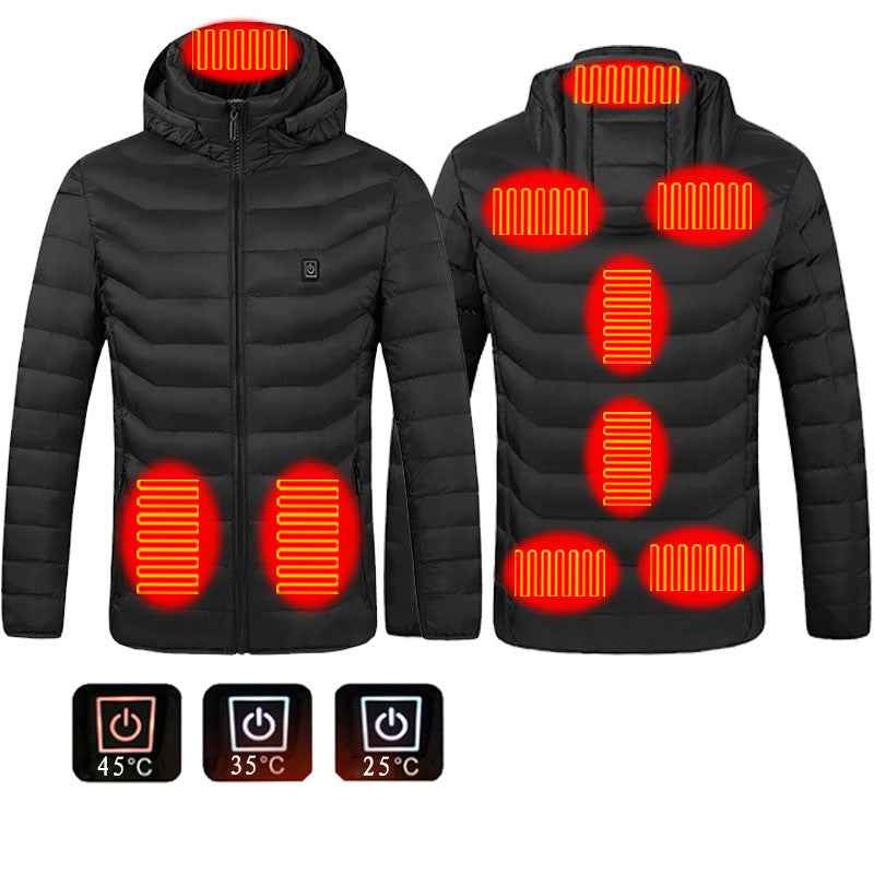 Black hooded zip-up puffer heated jacket with glowing heating zones across the front.