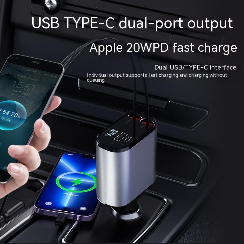 Silver-and-black dual-port USB Type-C car charger adapter with two connectors