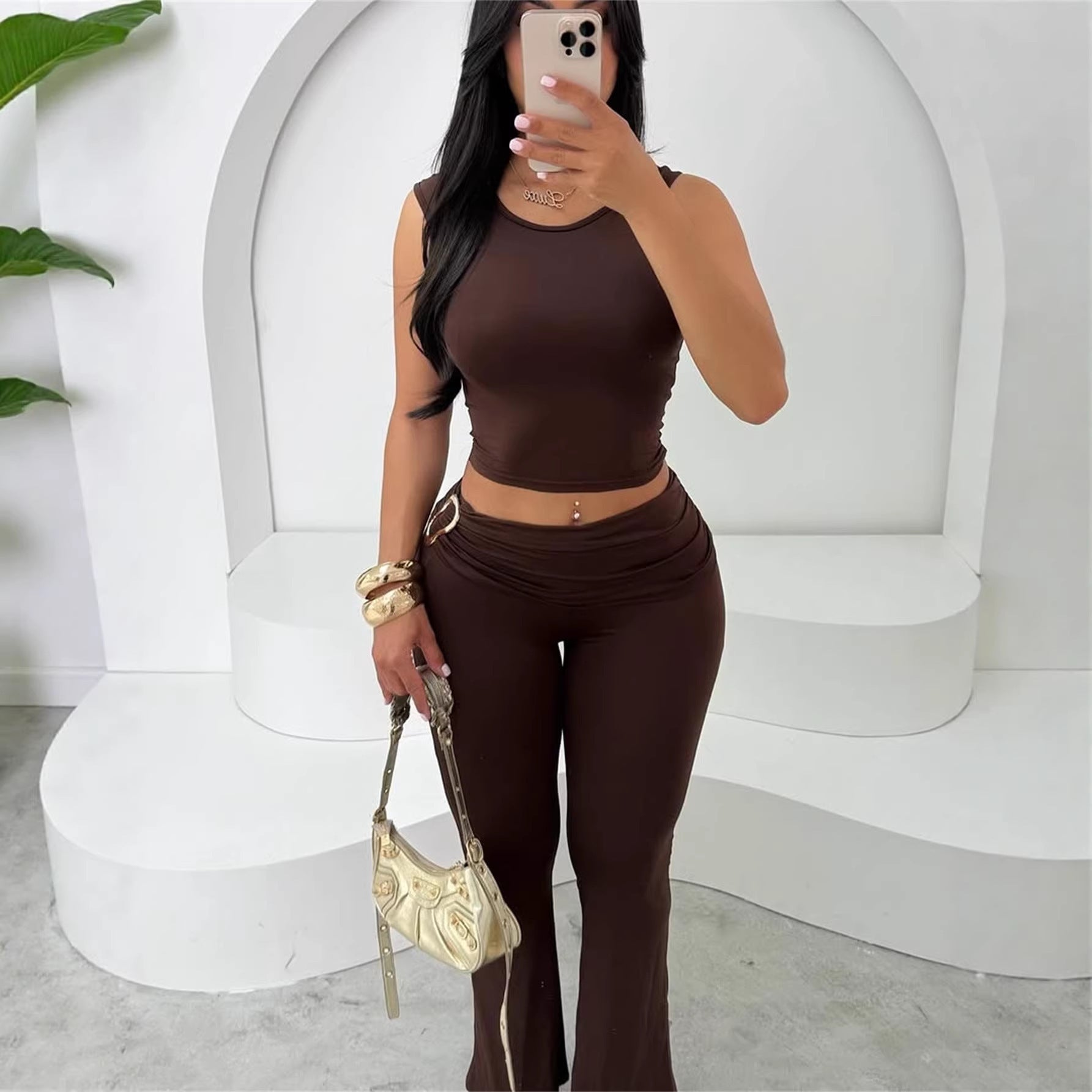 Womens sleeveless crop top and bodycon flare pants set, dark brown
