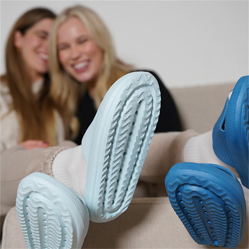 Slide sandals: white and blue with textured treaded outsoles