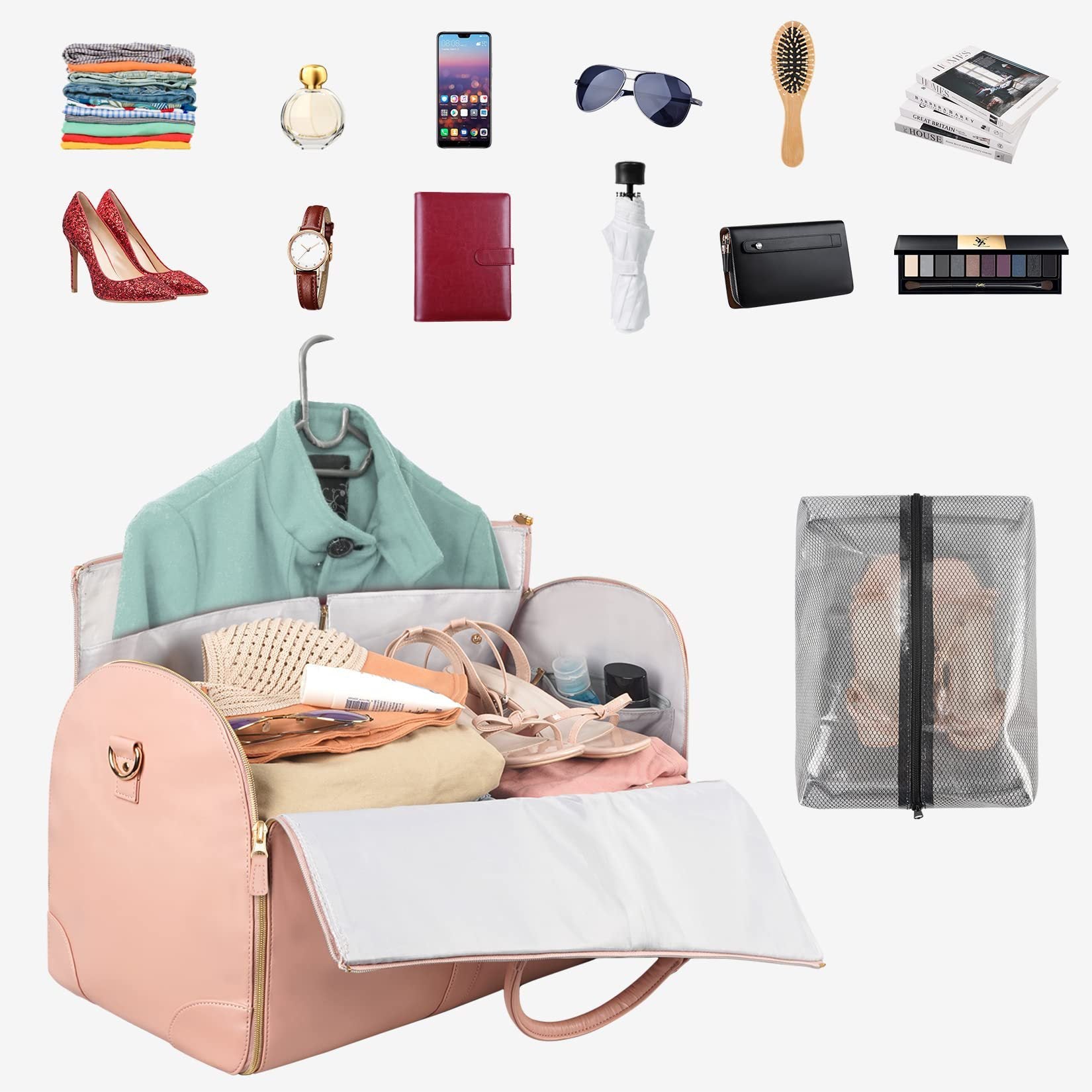 Pink foldable travel duffle bag open with organizer compartments for clothes