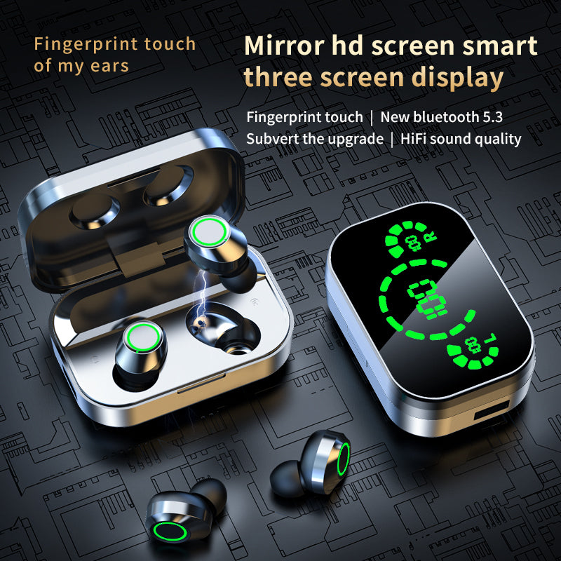 Wireless earbuds set with charging case, green LED icons and glowing touch rings