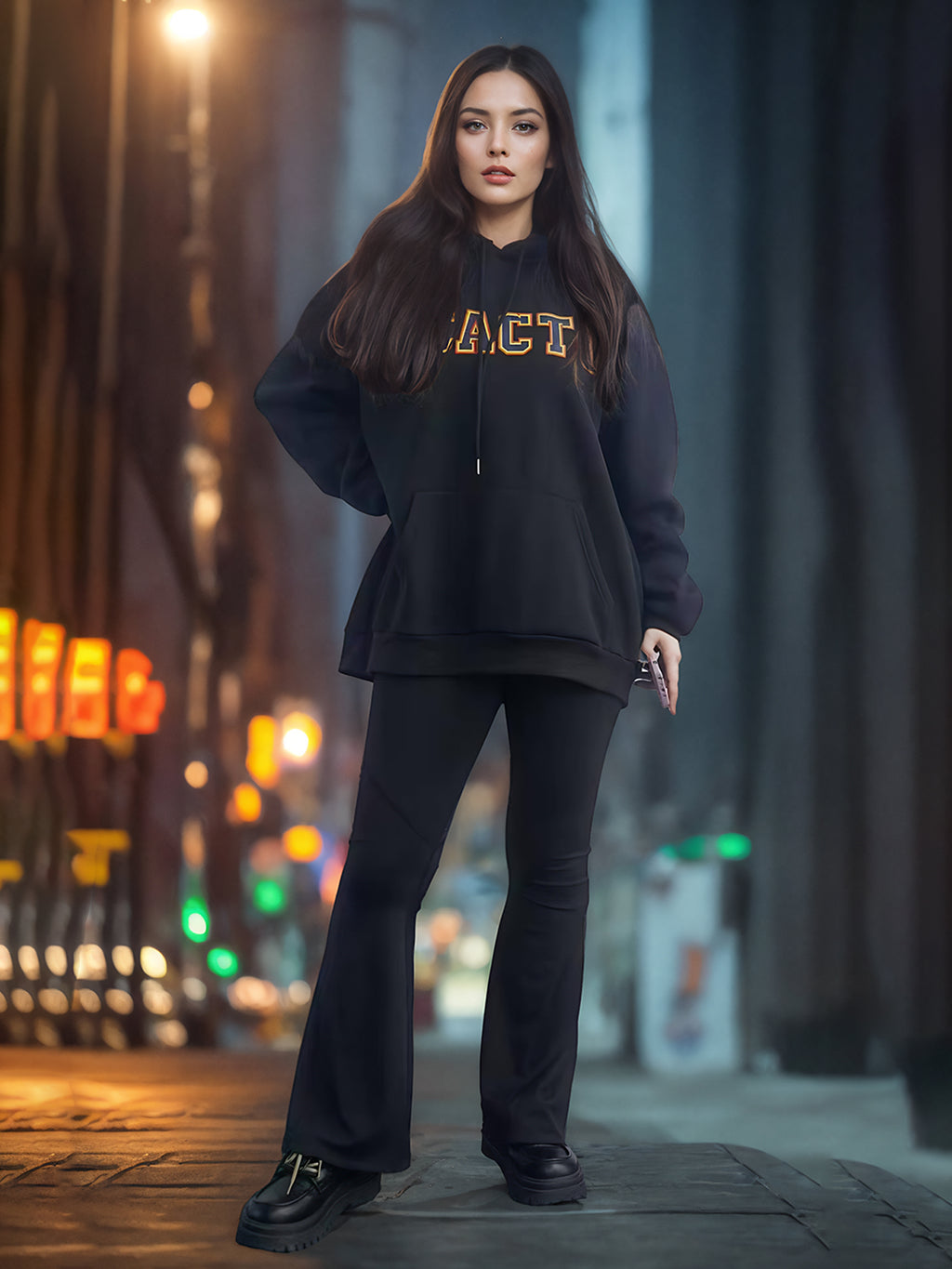 Black long-sleeve hoodie with hood, drawstrings, chest logo print, and kangaroo pocket