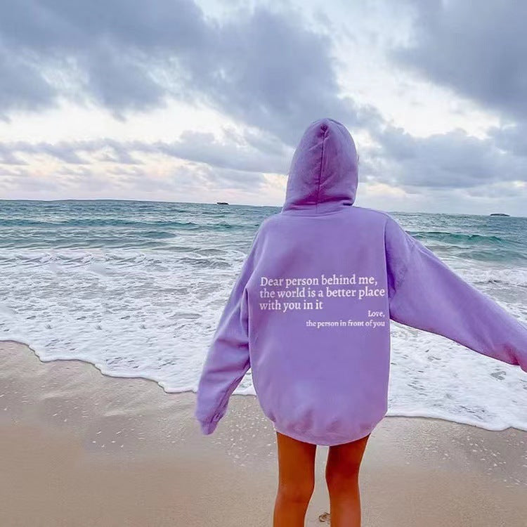 Lavender plush letter-print kangaroo-pocket hoodie, back view with hood and drawstring