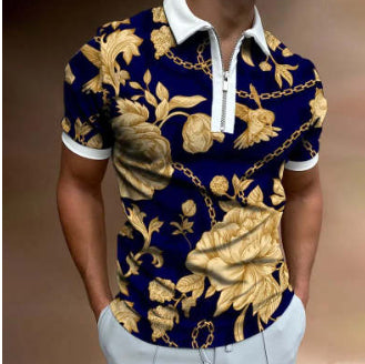 Men’s polo shirt in navy blue with gold baroque floral and chain print; zip neck, short sleeves.