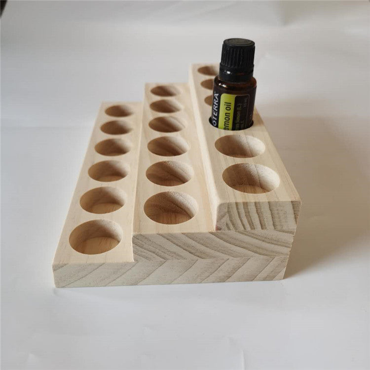 Double-layer essential oil display stand with round bottle holes, light wood, 2 sections