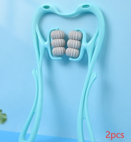 Turquoise manual neck massager roller with 6 rolling discs inside the U-shaped frame