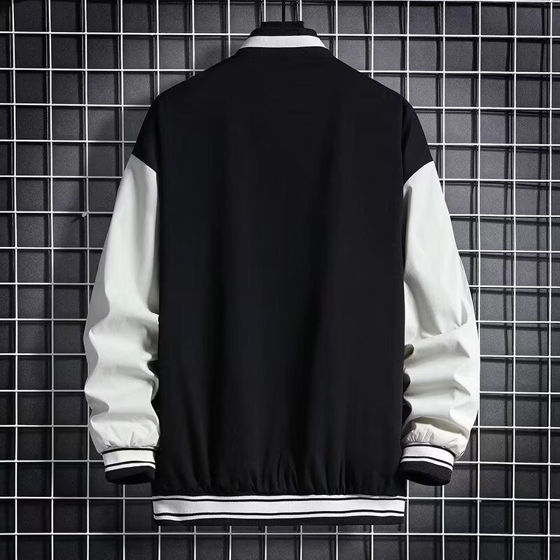 Men's black baseball jacket back view with ribbed hem and striped cuffs