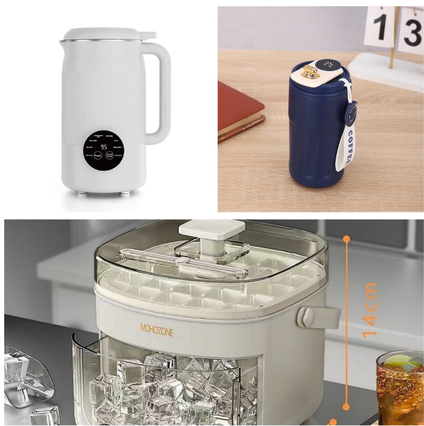 White insulated thermal bottle with open clear lid, showing ice storage chamber