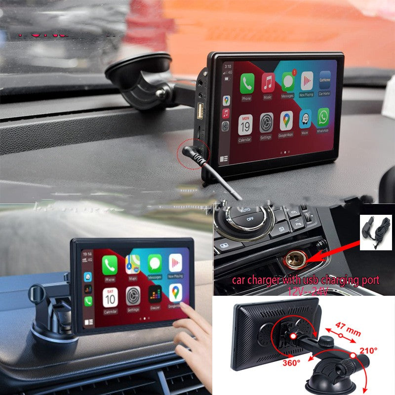 Car smart screen display with suction mount and charging cable, black frame