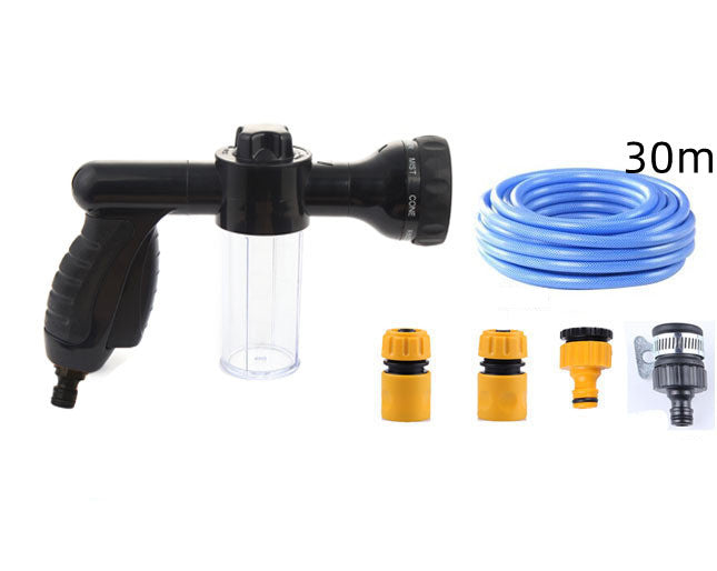 Black foam spray gun with clear bottle, blue hose coil, and four yellow/gray nozzle pieces
