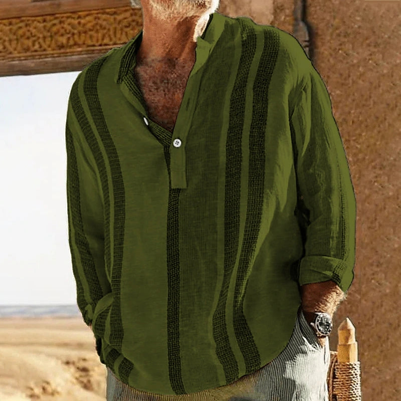 Men's striped stand-collar slub linen casual shirt in olive green with dark vertical stripes