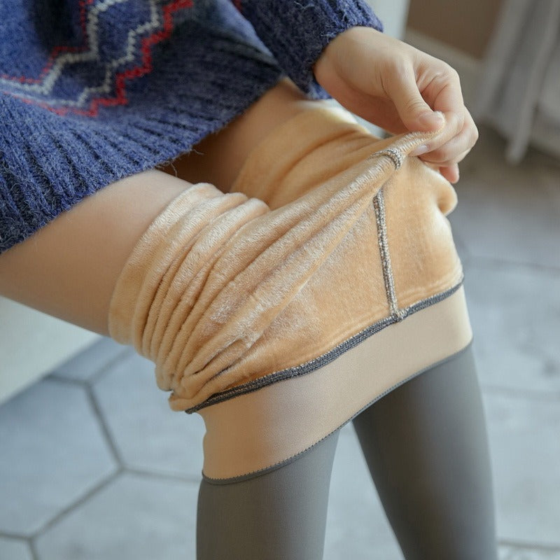 Fleece-lined tights, beige plush cuff with gray sheer leg panel