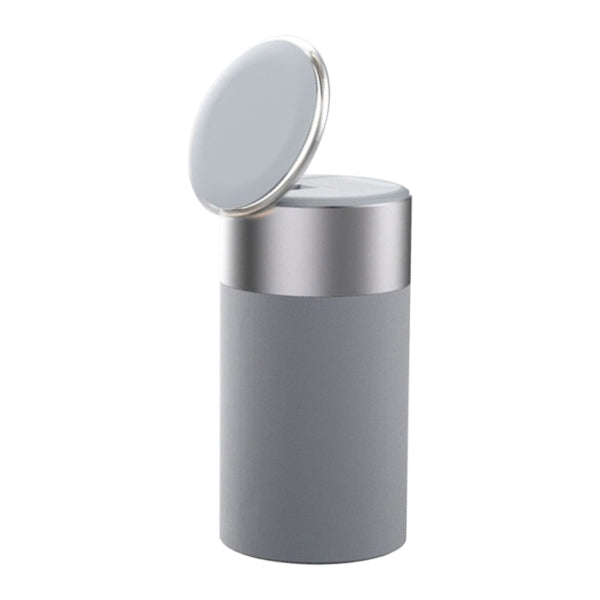 3-in-1 wireless charger speaker with lamp, grey cylinder with round top lid open