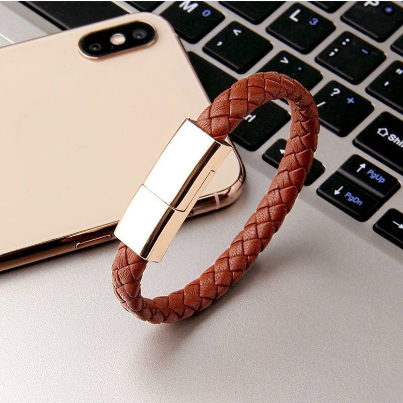 Brown braided charging cable bracelet with rose-gold metal USB connector