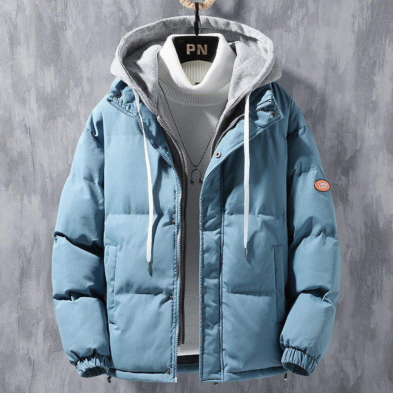 Men’s light blue hooded puffer jacket with full-length zipper and drawstring hood