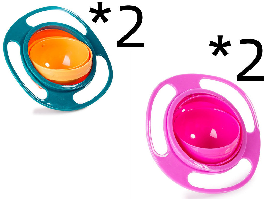 Teal and pink rotating spill-proof bowl dishes with orange and fuchsia inner bowls.