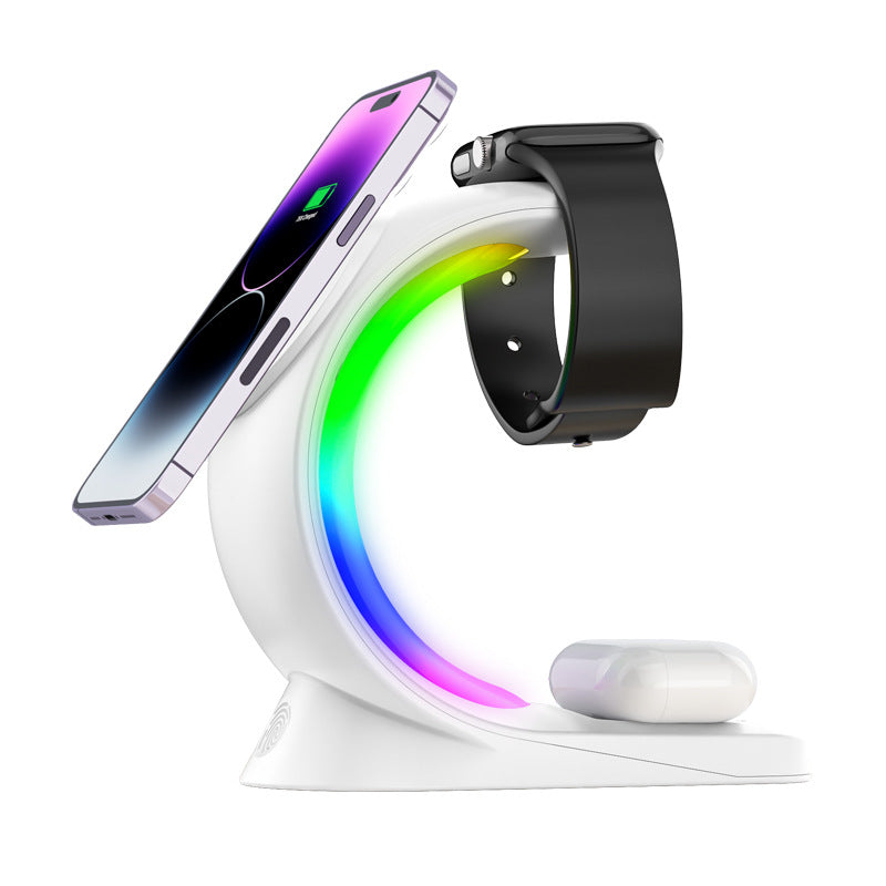 Magnetic wireless charger stand in white with RGB ring light, phone cradle, and watch holder