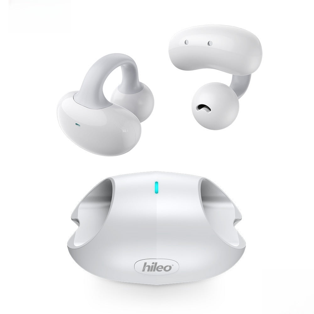 White clip-on true wireless Bluetooth headset earbuds and charging case