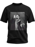 Men's black crewneck T-shirt with short sleeves and front monochrome animal print
