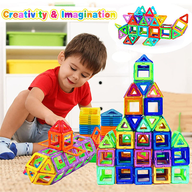 Magnetic building blocks tower and panels in multicolor, assembled into a castle