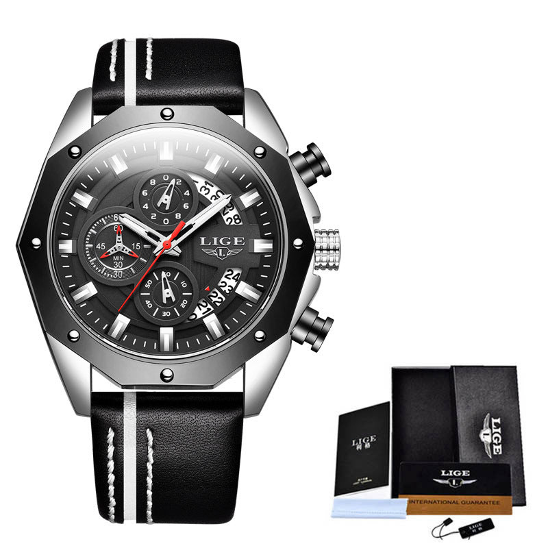 Men's sport watch with black leather strap and silver-tone case, with accessories