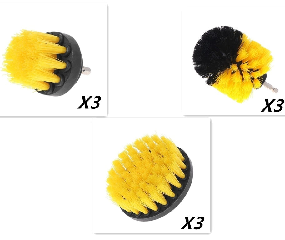 Electric drill brush set with yellow bristle heads, three angled views