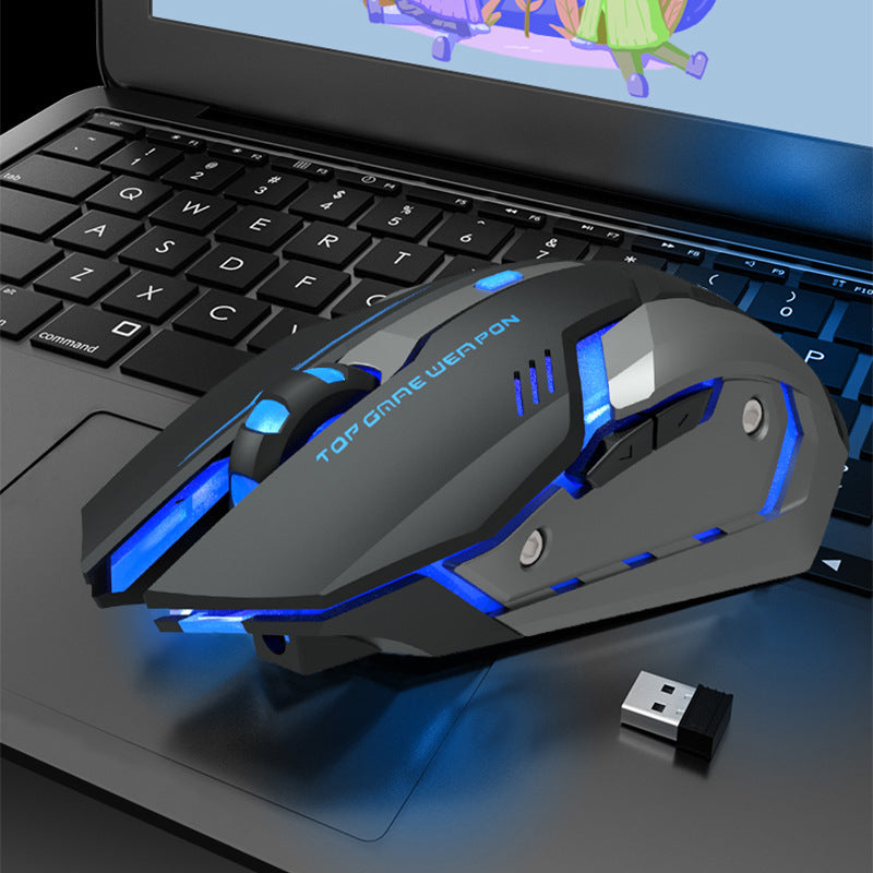Wireless gaming mouse, black with blue LED accents and sculpted side grips