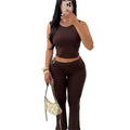Womens sleeveless crop top and bodycon flare pants set, dark brown