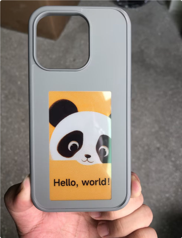 Light gray phone case with camera cutout and panda face photo display panel