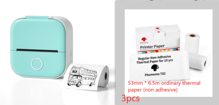 Turquoise mini label printer with non-adhesive thermal paper rolls and small sample box