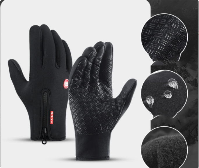 Pair of winter riding gloves in black with textured pattern, zipped wrist cuff