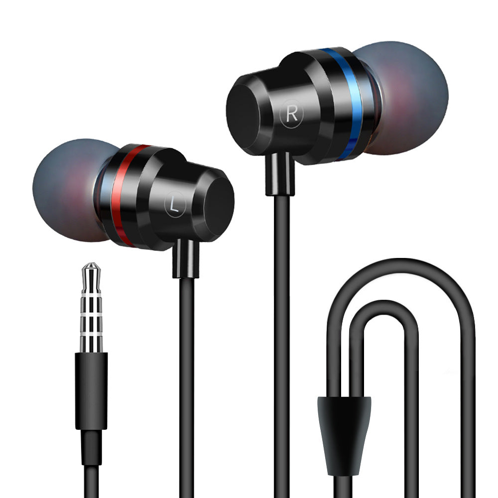 In-ear metal wired headphones, black earbuds with blue ring accents, L/R markings