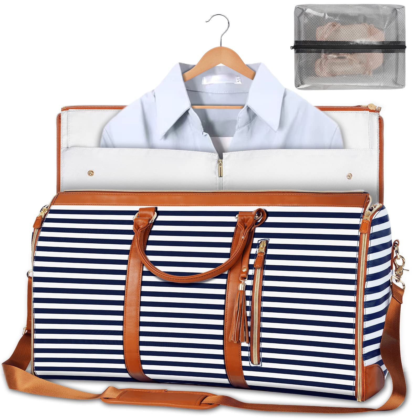 Blue and white striped travel duffle bag with orange trim, open top, and shoulder strap