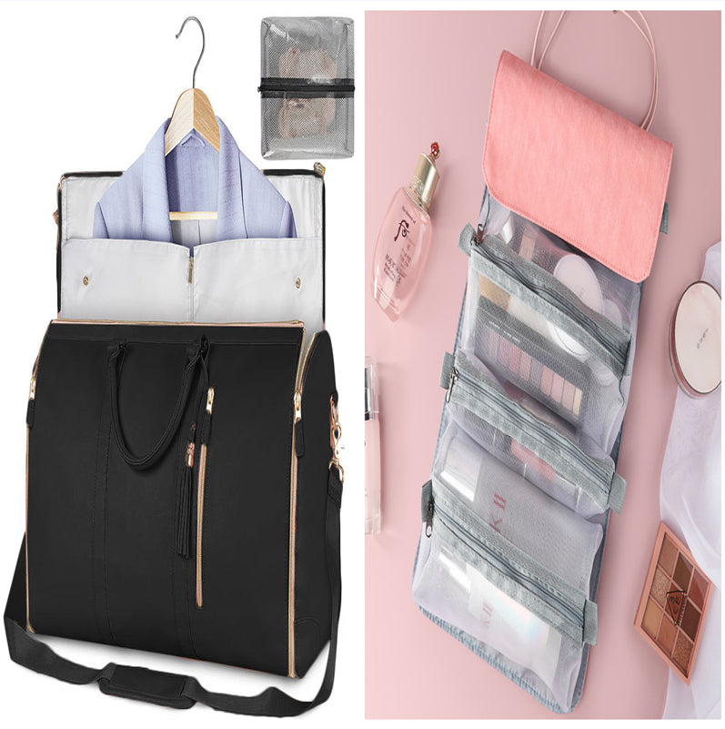 Two-piece travel set: black duffle bag with hanging organizer and multi-compartment hanging pouch