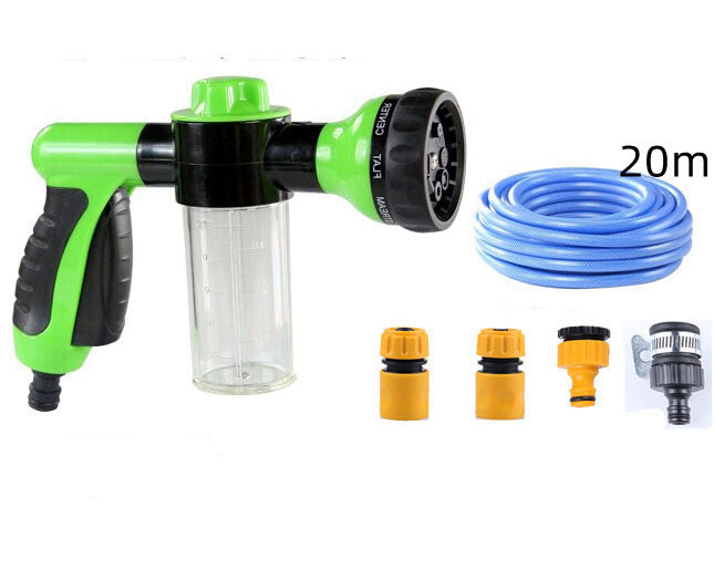 Foam spray gun kit with green sprayer, 20m blue hose, and included nozzle pieces.