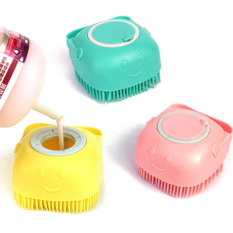 Silicone pet bath massage brush set, teal, yellow, and pink heads with bristles