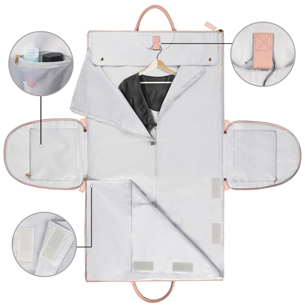 White foldable garment bag with multiple inner compartments and hanging handle