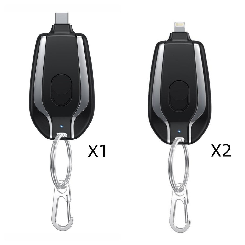 2-pack mini keychain power bank pods with charging ports and metal carabiners, dark black