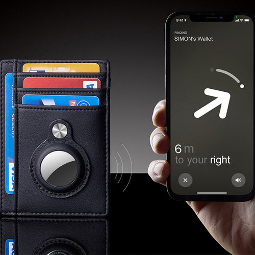 Men's slim card wallet in dark blue with metal button and round center tag holder.
