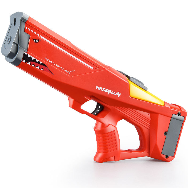 Red automatic water gun toy with gray top, yellow nozzle, and side trigger guard.