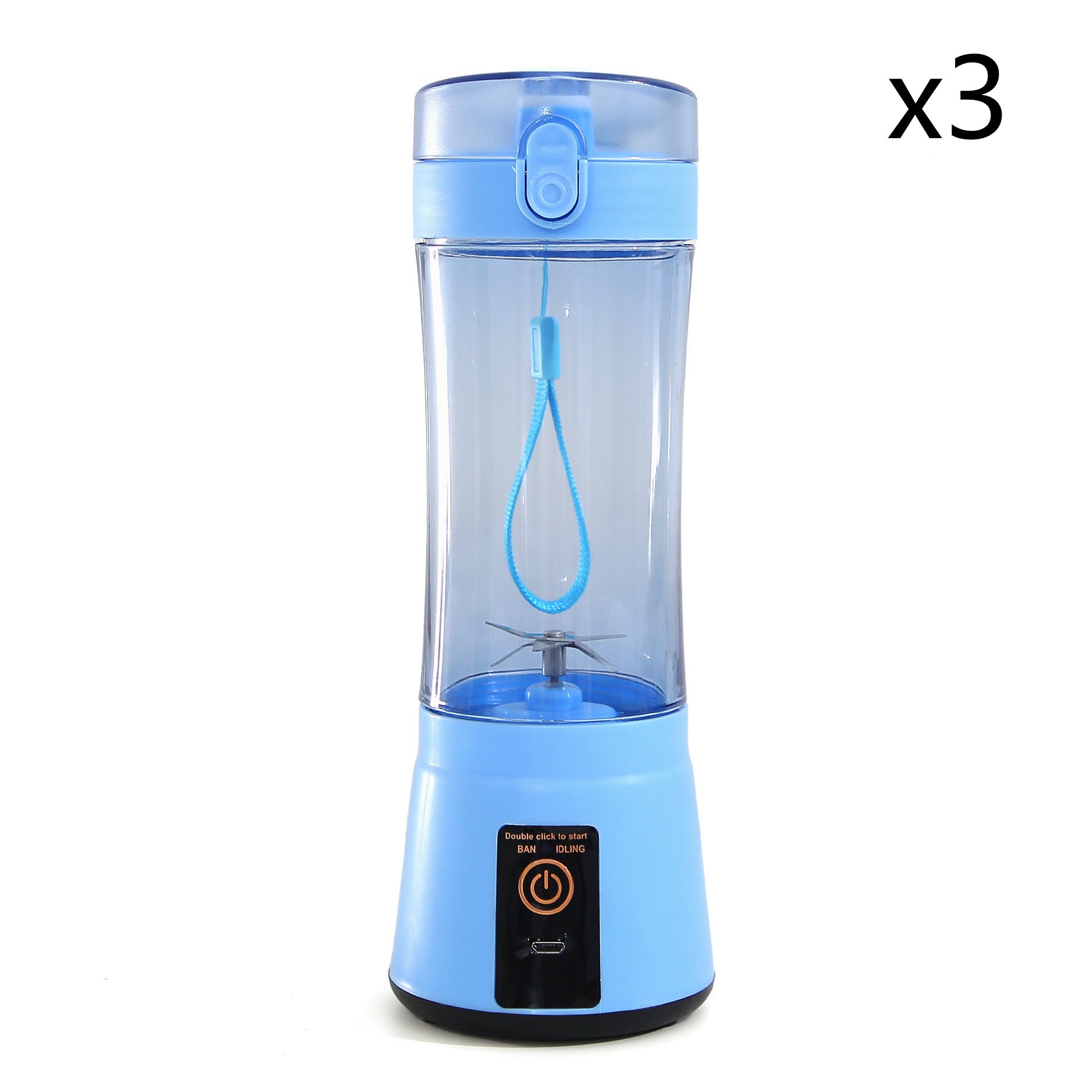 Blue portable electric fruit juicer with clear blending cup and USB rechargeable base