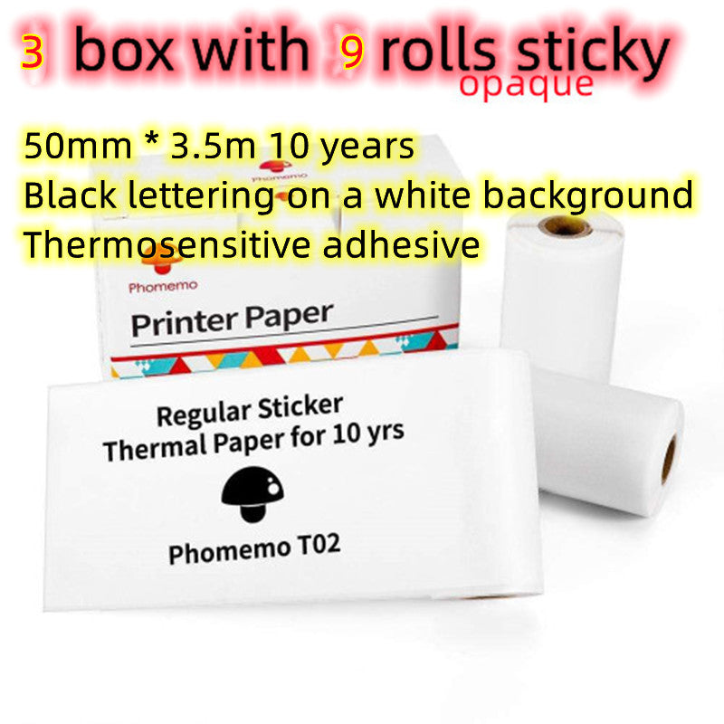 Thermosensitive label printer paper rolls in a white box with two adhesive rolls